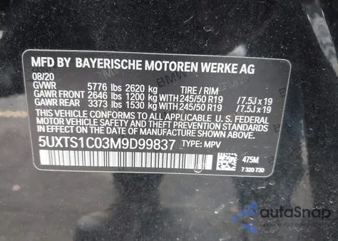 2021 BMW X3 Phev xDrive30E из США, поврежденный, VIN 5UXTS1C03M9D99837